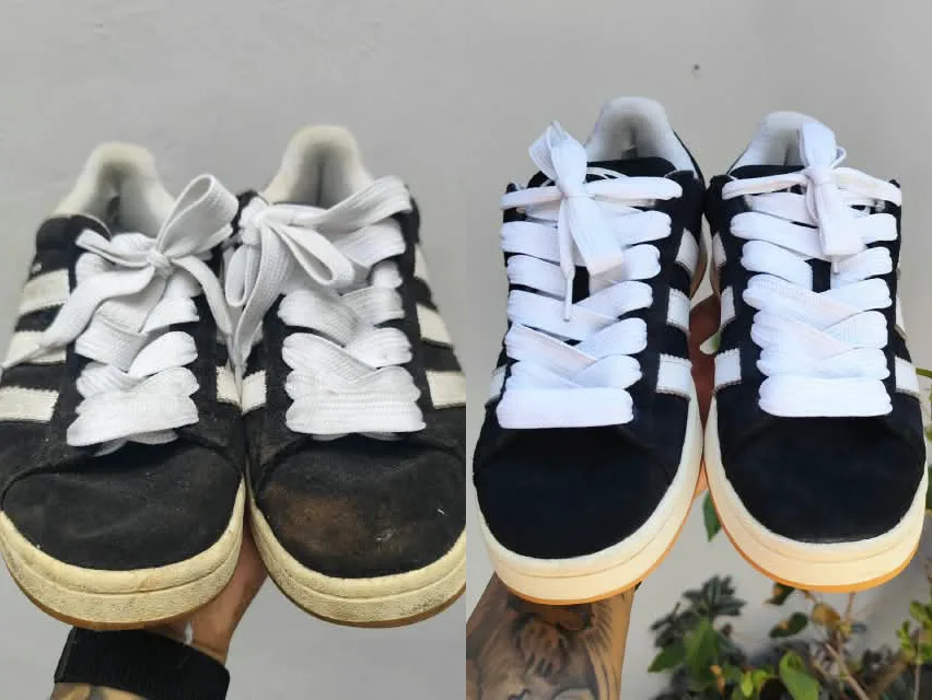 Par de Adidas Campus preto antes da limpeza, com camurça manchada e sola amarelada, e depois, limpo e com cadarço branco